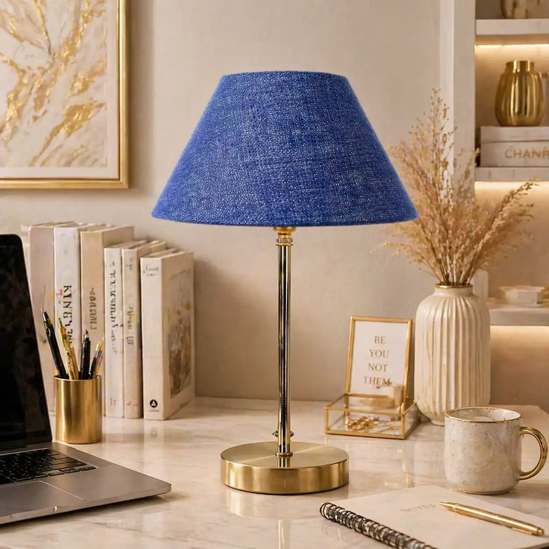 Blue Solid Traditional Bedside Table Lamp with Golden Finish Base