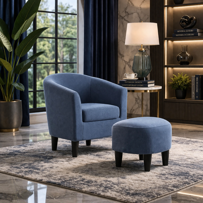 bluish-grey-comfy-round-back-rich-velvet-accent-chair-with-footrest