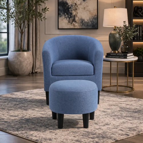 Bluish Grey Comfy Round Back Rich Velvet Accent Chair with Footrest