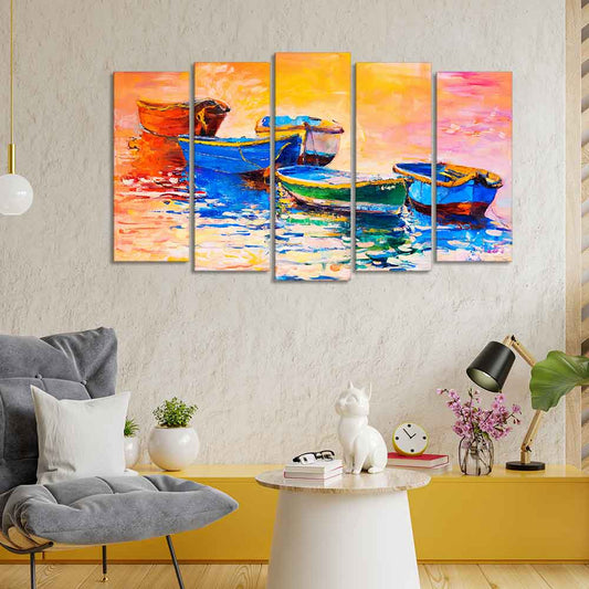 Boats and Sunset Canvas Wall Painting Five Pieces Set of Five