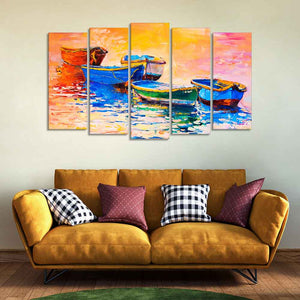 Boats and Sunset Canvas Wall Painting Five Pieces Set of Five