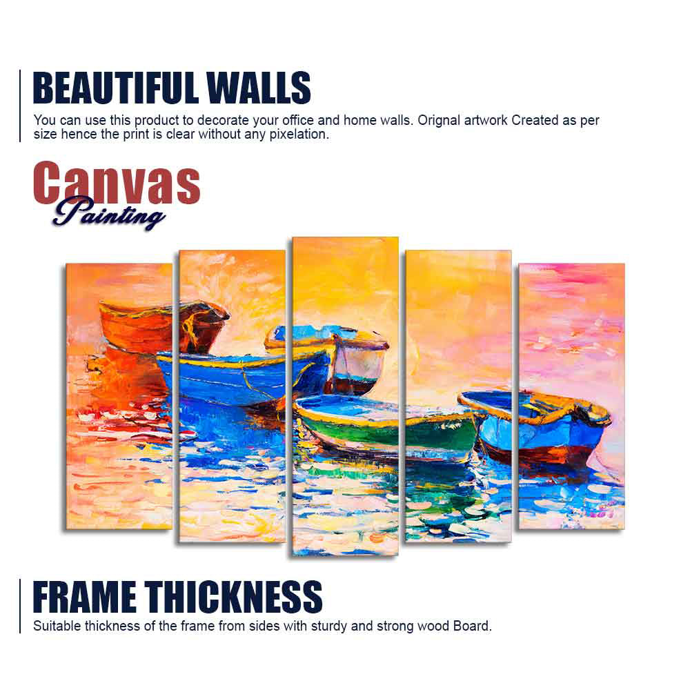 Boats and Sunset Canvas Wall Painting Five Pieces Set of Five