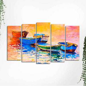 Boats and Sunset Canvas Wall Painting Five Pieces Set of Five