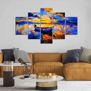 Boat at Colorful Sunset Canvas Wall Painting Five Pieces