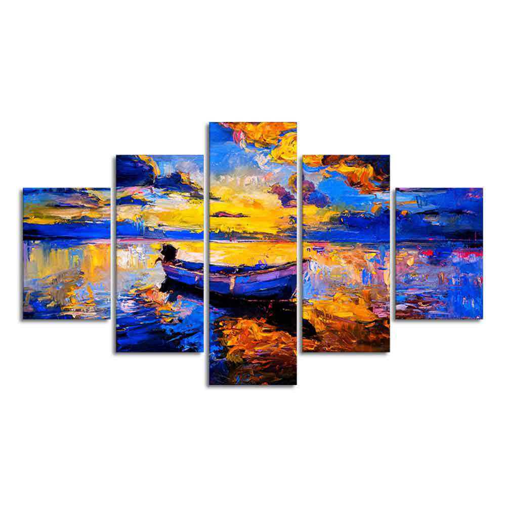 Boat at Colorful Sunset Canvas Wall Painting Five Pieces