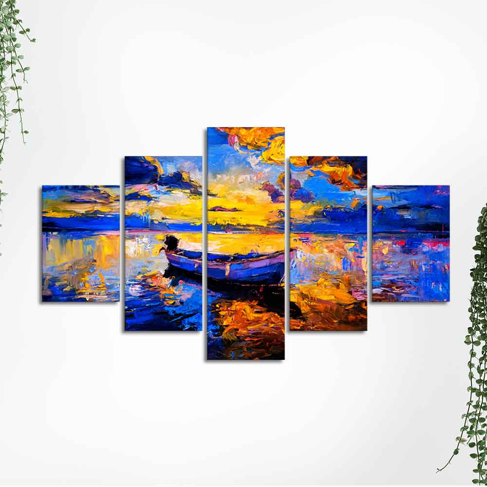 Boat at Colorful Sunset Canvas Wall Painting Five Pieces