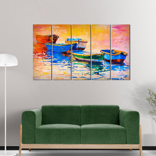 Boats and Sunset Canvas Wall Painting 5 Pieces