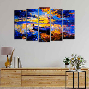 Boat at Colorful Sunset Canvas Wall Painting of Five Pieces