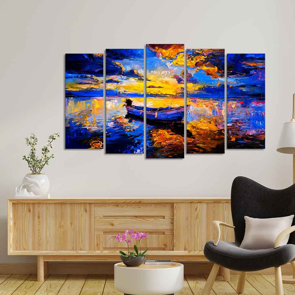 Boat at Colorful Sunset Canvas Wall Painting of Five Pieces