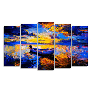 Boat at Colorful Sunset Canvas Wall Painting of Five Pieces