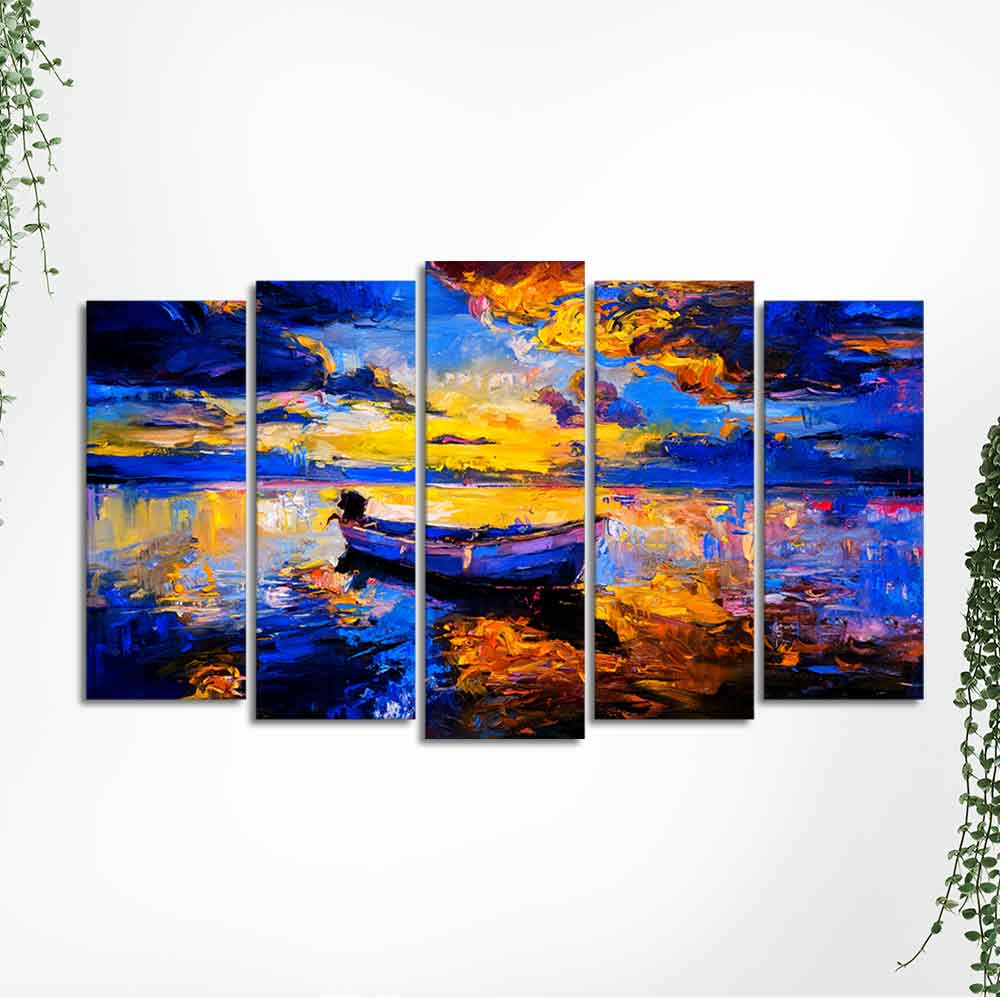 Boat at Colorful Sunset Canvas Wall Painting of Five Pieces