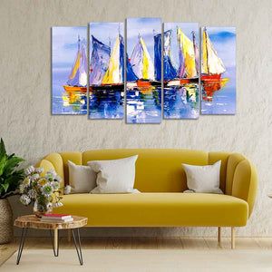 Boats in Ocean Canvas Wall Painting of Five Pieces