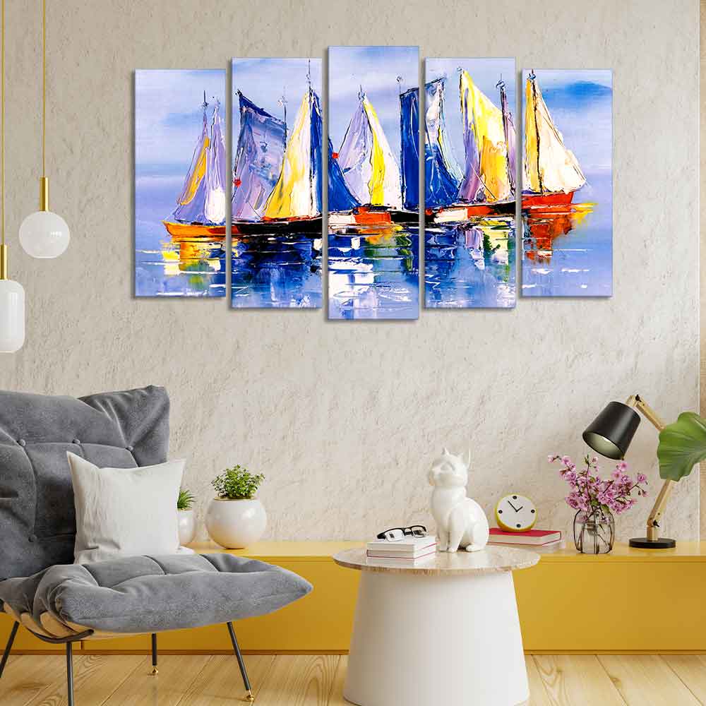 Boats in Ocean Canvas Wall Painting of Five Pieces