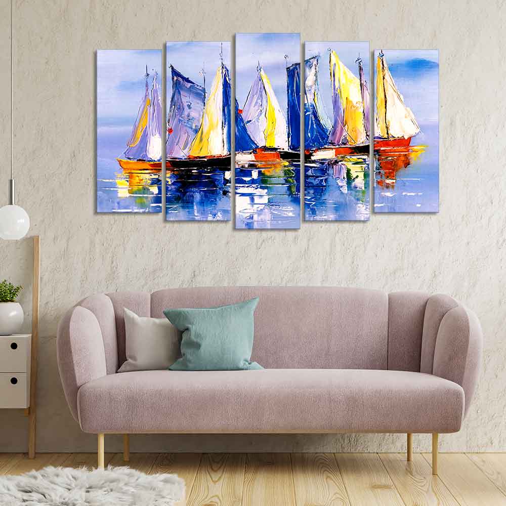 Boats in Ocean Canvas Wall Painting of Five Pieces