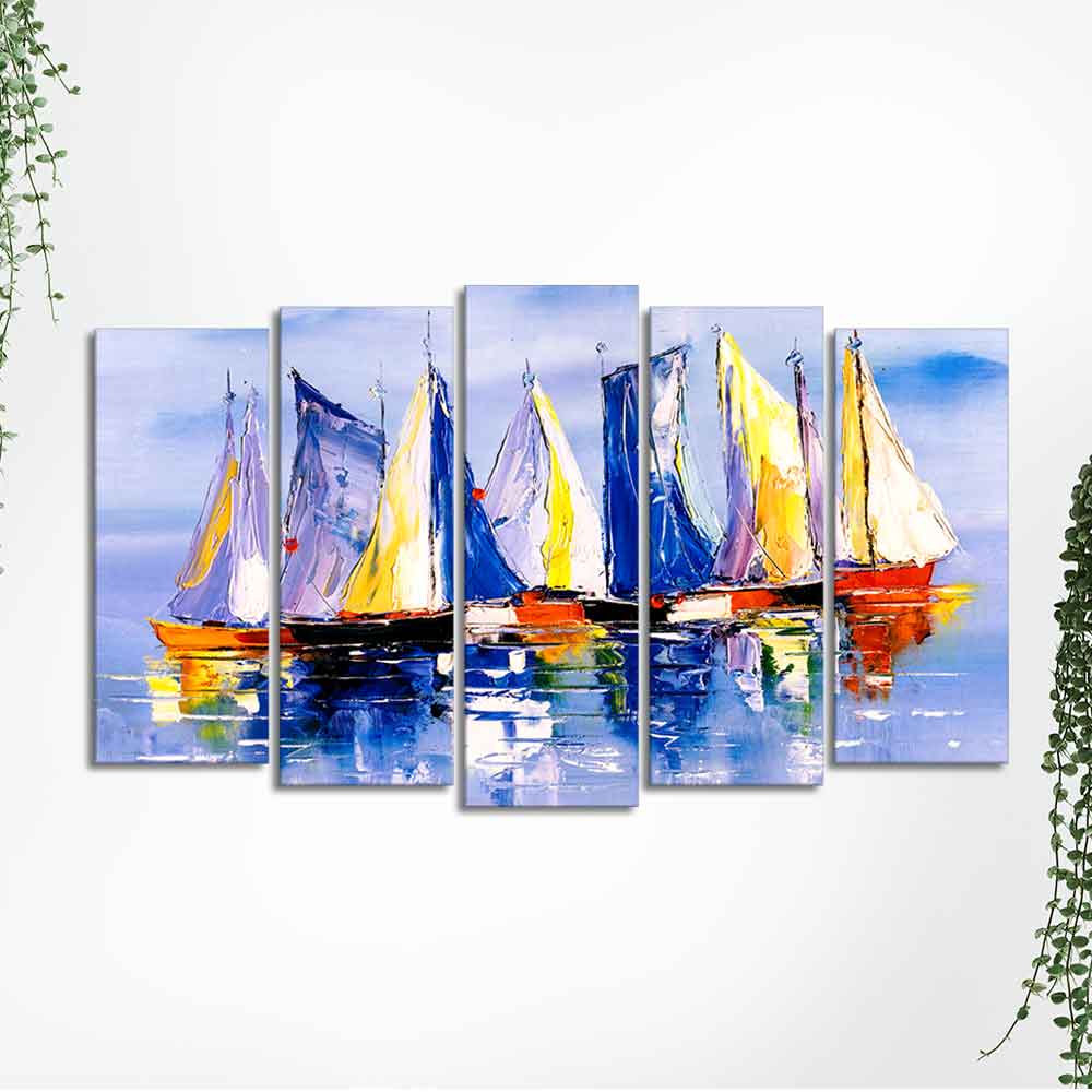 Boats in Ocean Canvas Wall Painting of Five Pieces