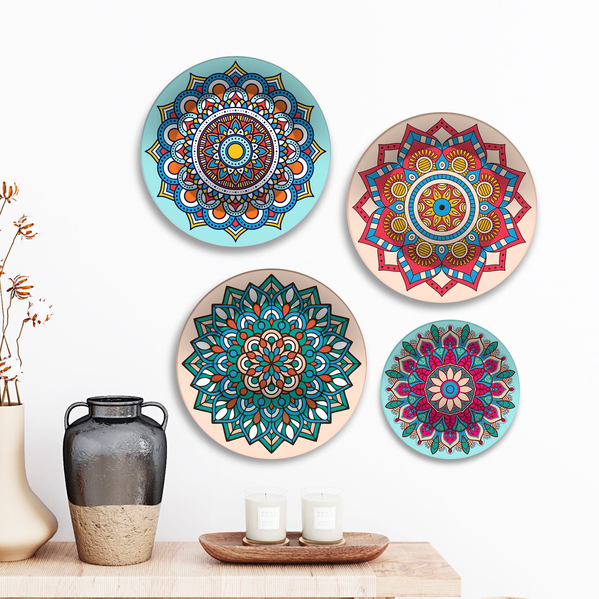 Bohemian Mandala Bloom Premium Wall Plates Painting Set of Four
