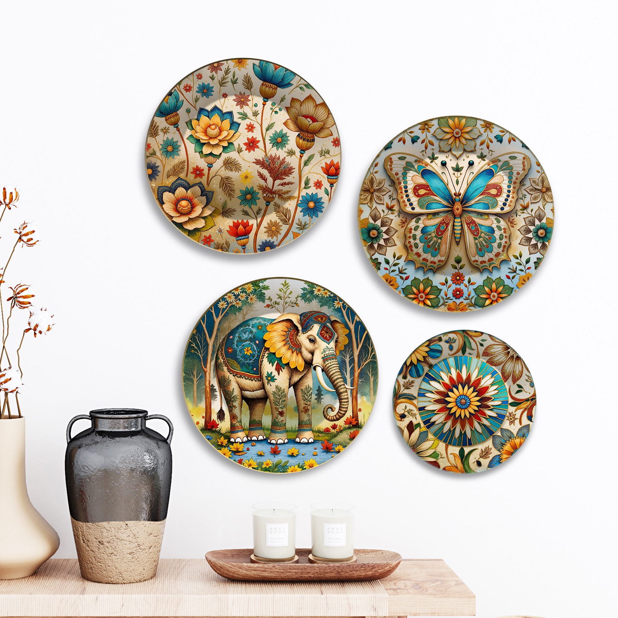 Boho Chic Whimsical Nature Premium Wall Plates Painting Set of Four