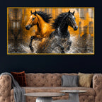 Bold Black Gold Horse Artwork Crystal Glass Painting