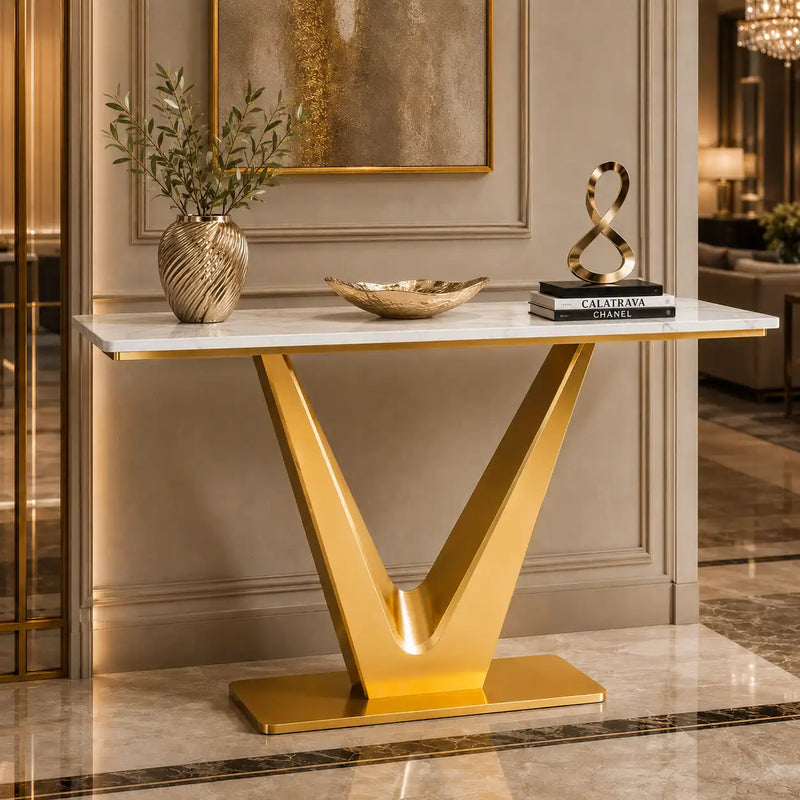 Bold V Shaped Console Table with Luxurious Gold Finish