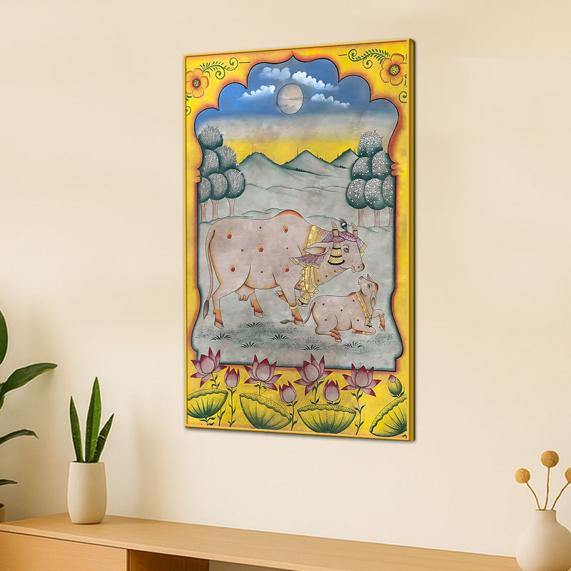 Bond of Mother Cow and Calf Traditional Indian Pichwai Canvas Wall Painting