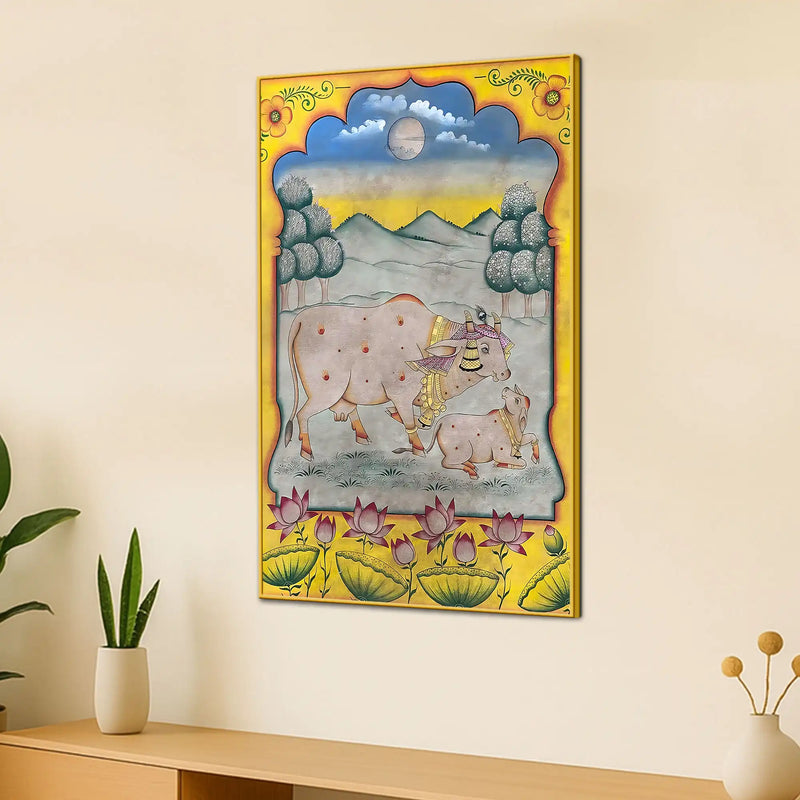Bond of Mother Cow and Calf Traditional Indian Pichwai Canvas Wall Painting
