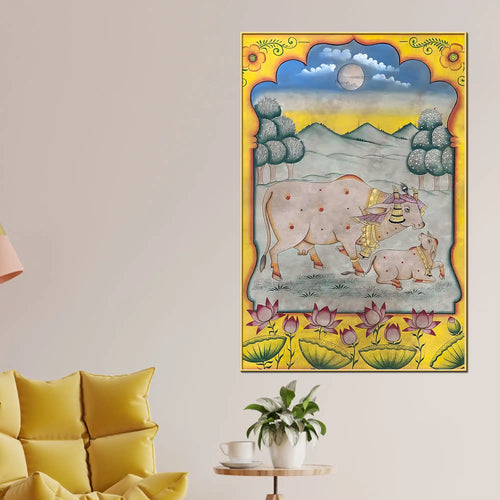 Bond of Mother Cow and Calf Traditional Indian Pichwai Canvas Wall Painting