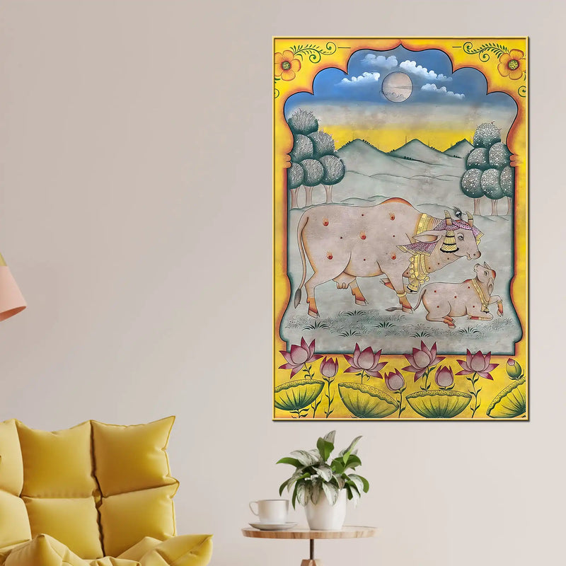 Bond of Mother Cow and Calf Traditional Indian Pichwai Canvas Wall Painting