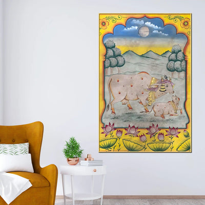 Bond of Mother Cow and Calf Traditional Indian Pichwai Canvas Wall Painting