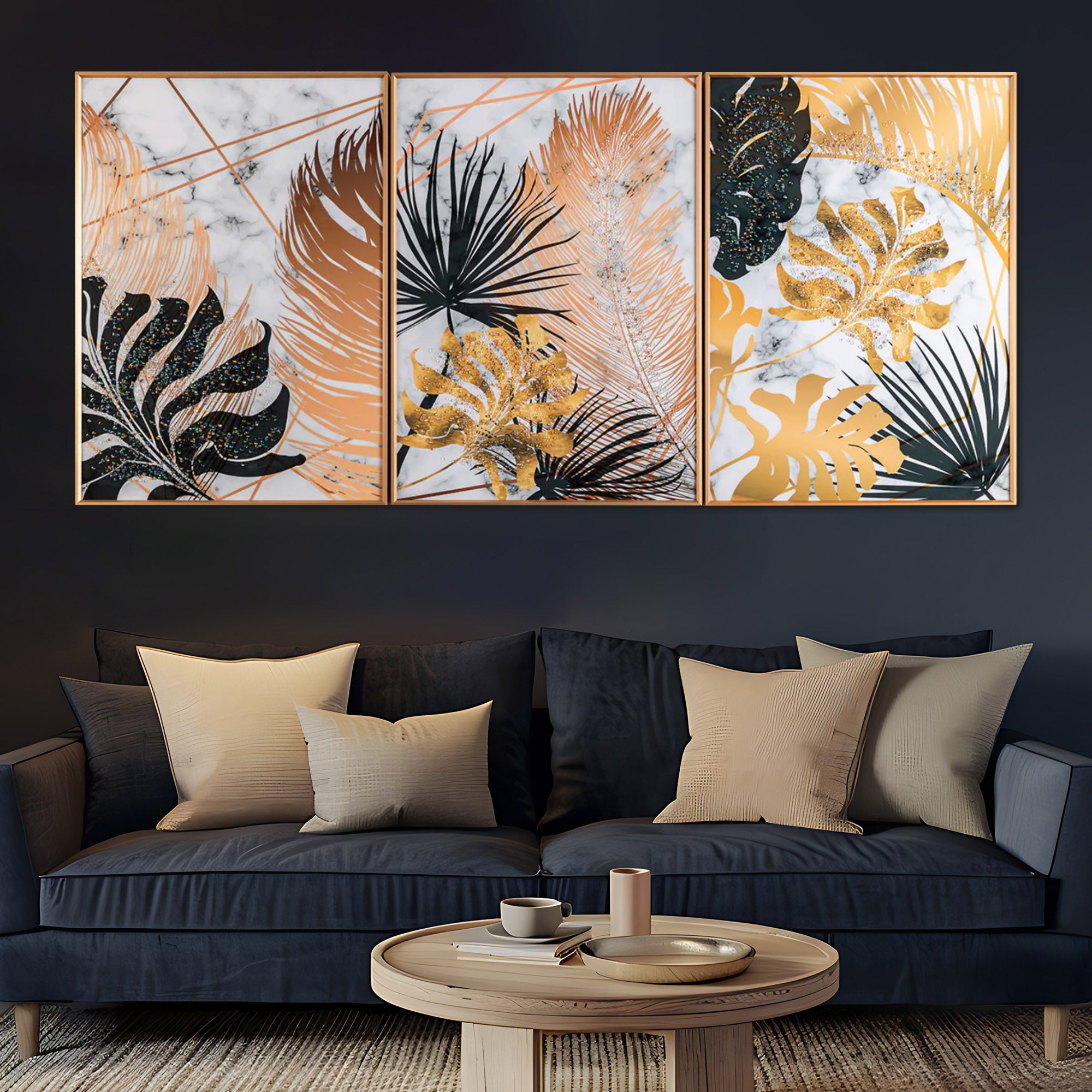 Botanical Leaves Framed Crystal Glass Painting Set of 3