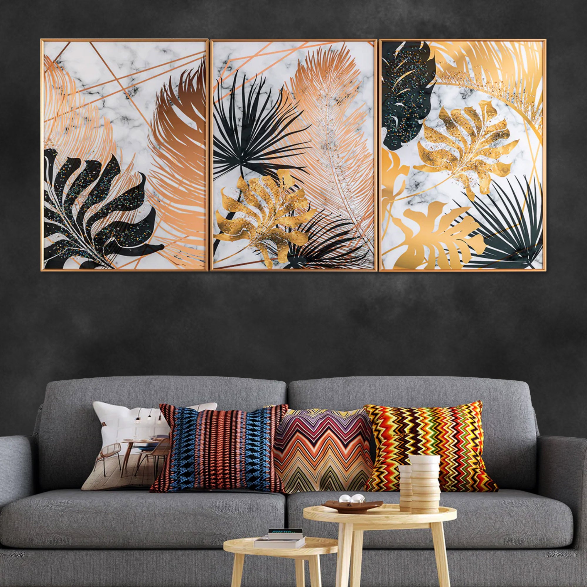 Botanical Leaves Framed Crystal Glass Painting Set of 3