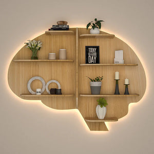 Brain Shape Backlit Designer Wooden Wall Shelf / Book Shelf / Night Light, Light Oak Finish