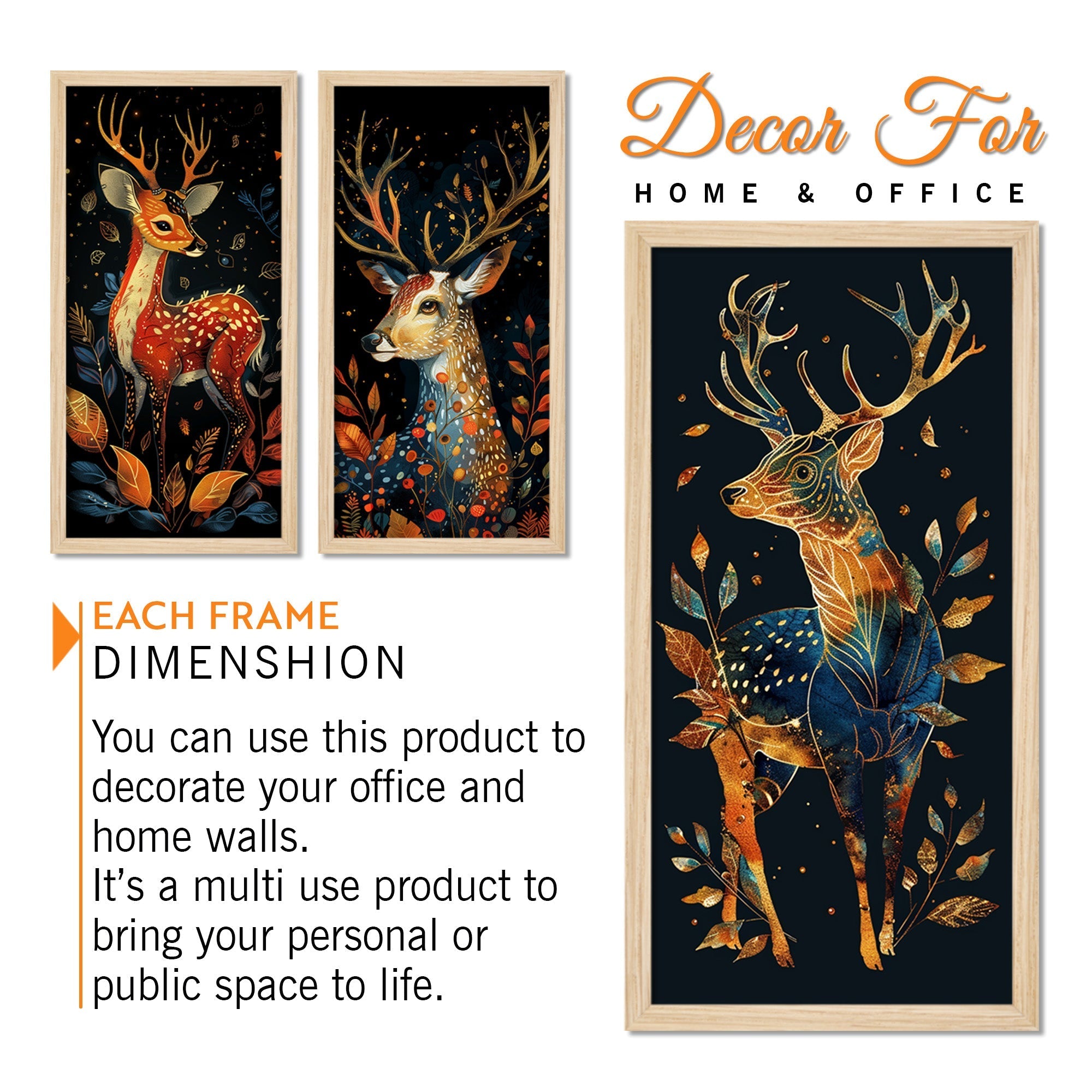 Brightly Colored Deer with Floral Pattern Wooden Wall Frame Set of Three