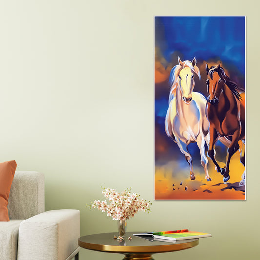 White & Brown Horse Running Canvas Wall Hanging Painting