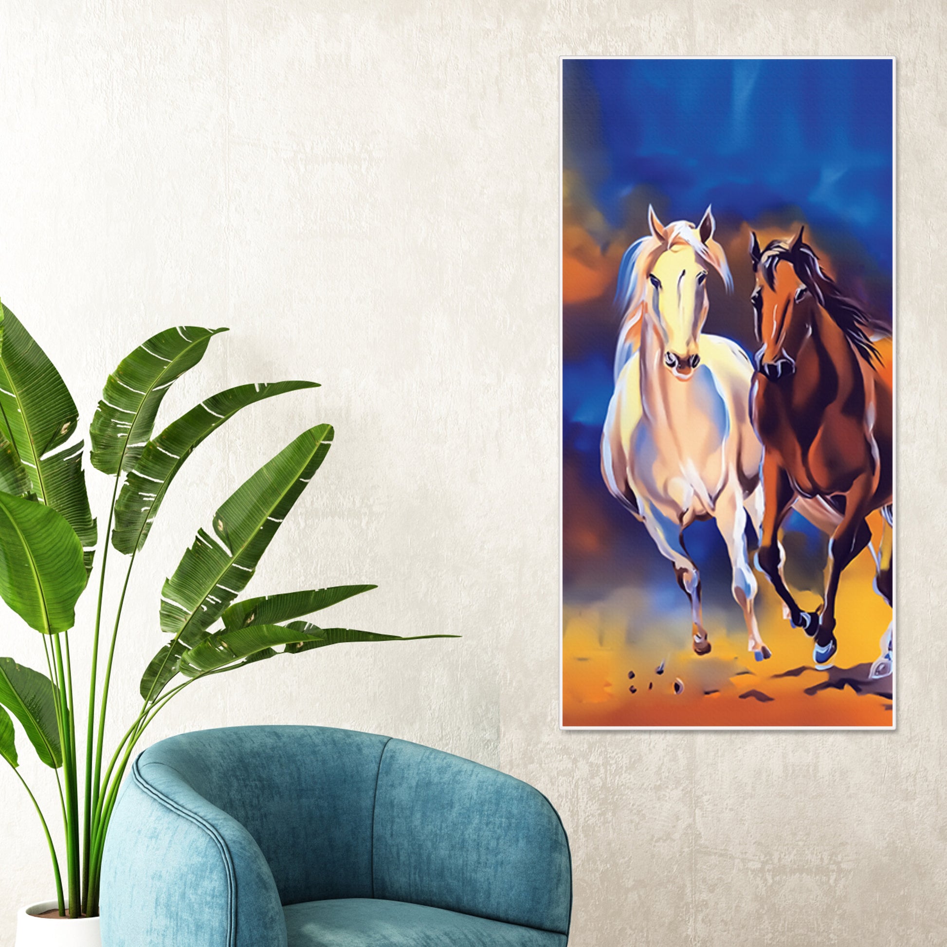 White & Brown Horse Running Canvas Wall Hanging Painting