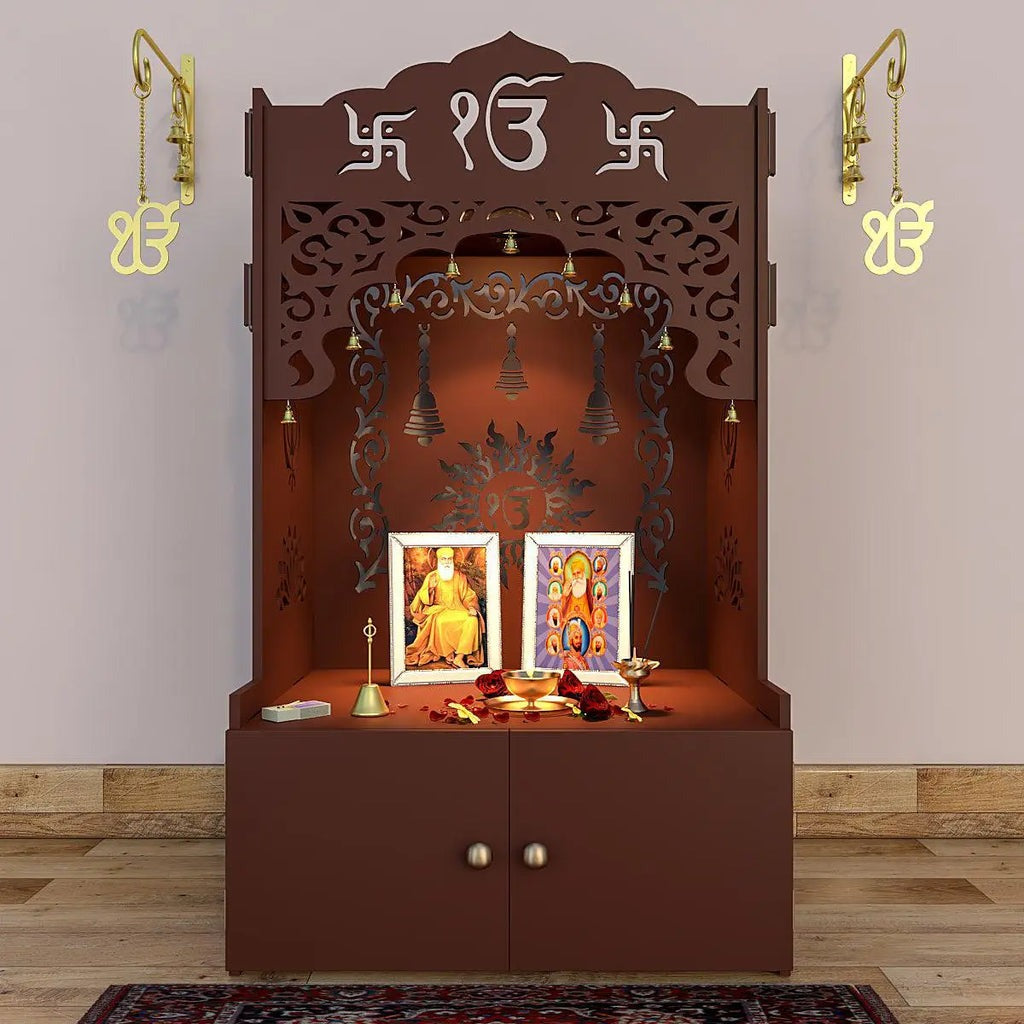 Brown Wooden Floor Pooja Mandir with Ik Onkar & Swastik Design Laser-Cut Bell Motifs Storage Cabinet & Ornate Arch