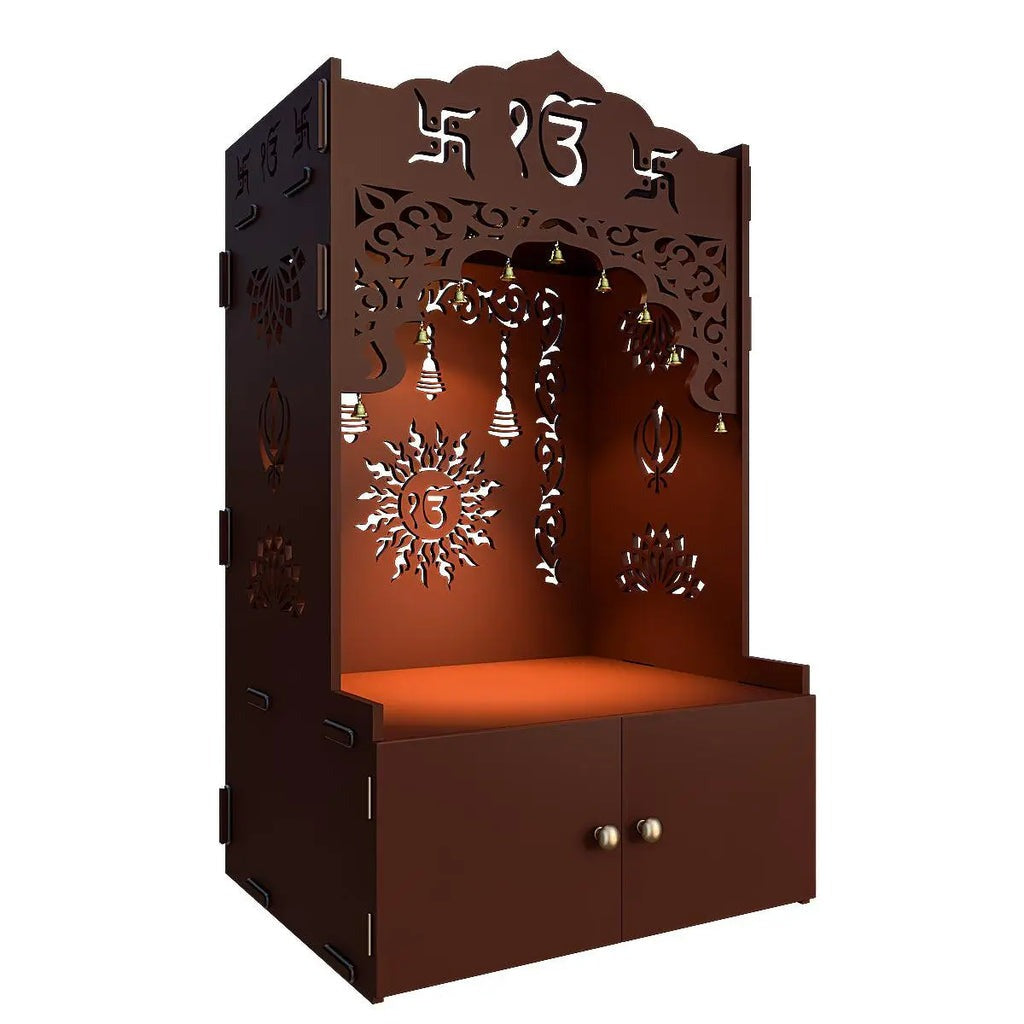 Brown Wooden Floor Pooja Mandir with Ik Onkar & Swastik Design Laser-Cut Bell Motifs Storage Cabinet & Ornate Arch
