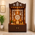 Brown Wooden Floor Pooja Mandir with Kalash & Om Design Laser-Cut Bell Motifs & Storage Cabinet