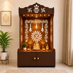 Brown Wooden Floor Pooja Mandir with Kalash & Om Design Laser-Cut Bell Motifs & Storage Cabinet