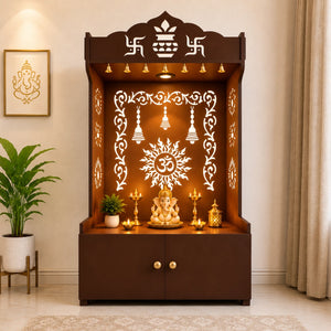 Brown Wooden Floor Pooja Mandir with Kalash & Om Design Laser-Cut Bell Motifs & Storage Cabinet