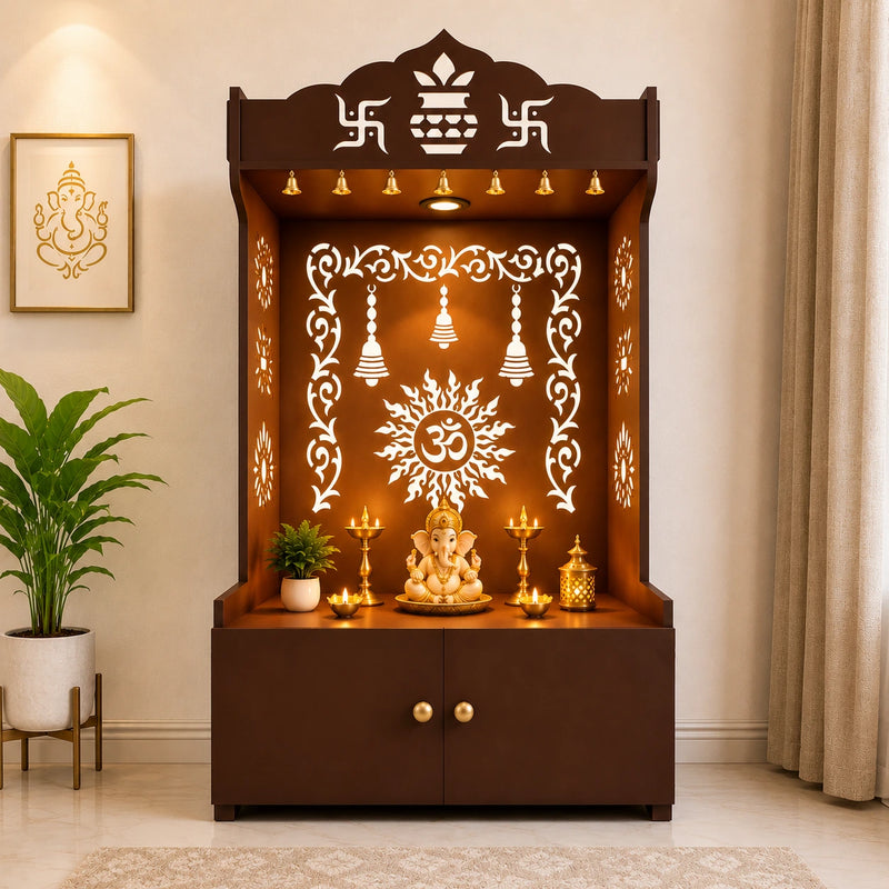 Brown Wooden Floor Pooja Mandir with Kalash & Om Design Laser-Cut Bell Motifs & Storage Cabinet