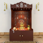 Brown Wooden Floor Pooja Mandir with Kalash & Om Design Laser-Cut Bell Motifs & Storage Cabinet