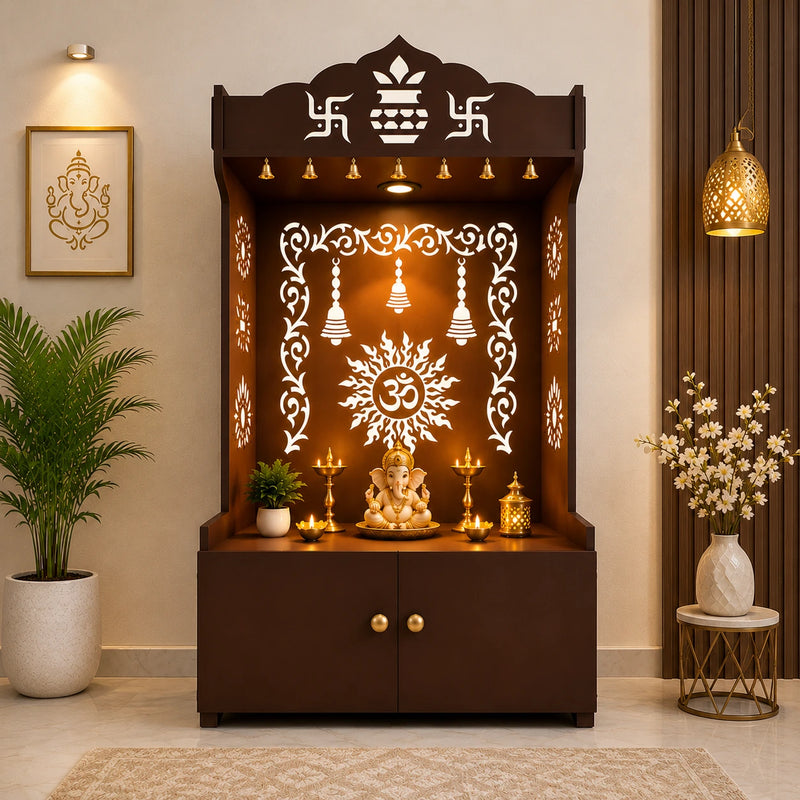Brown Wooden Floor Pooja Mandir with Kalash & Om Design Laser-Cut Bell Motifs & Storage Cabinet