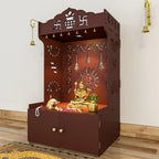 Brown Wooden Floor Pooja Mandir with Kalash & Om Design Laser-Cut Bell Motifs & Storage Cabinet