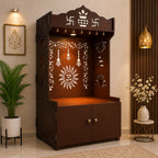Brown Wooden Floor Pooja Mandir with Kalash & Om Design Laser-Cut Bell Motifs & Storage Cabinet