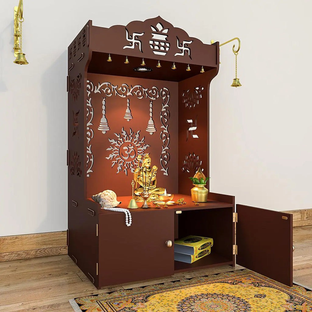 Brown Wooden Floor Pooja Mandir with Kalash & Om Design Laser-Cut Bell Motifs & Storage Cabinet
