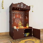 Brown Wooden Floor Pooja Mandir with Kalash & Om Design Laser-Cut Bell Motifs & Storage Cabinet