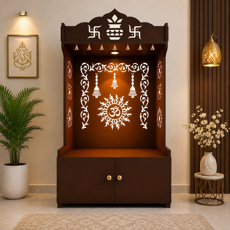 Brown Wooden Floor Pooja Mandir with Kalash & Om Design Laser-Cut Bell Motifs & Storage Cabinet