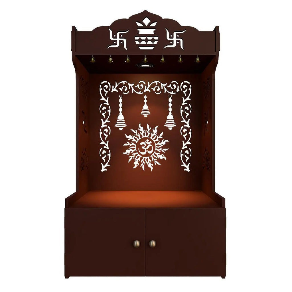 Brown Wooden Floor Pooja Mandir with Kalash & Om Design Laser-Cut Bell Motifs & Storage Cabinet