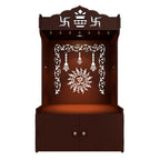 Brown Wooden Floor Pooja Mandir with Kalash & Om Design Laser-Cut Bell Motifs & Storage Cabinet
