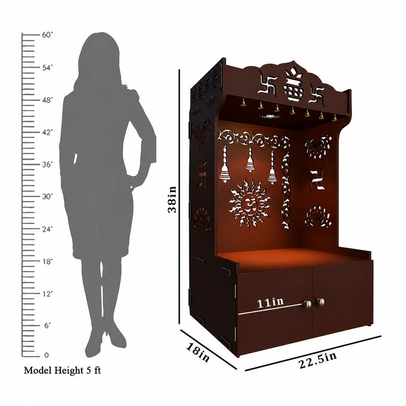 Brown Wooden Floor Pooja Mandir with Kalash & Om Design Laser-Cut Bell Motifs & Storage Cabinet